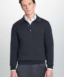 Grey Merino Wool Long Sleeve Polo Shirt
